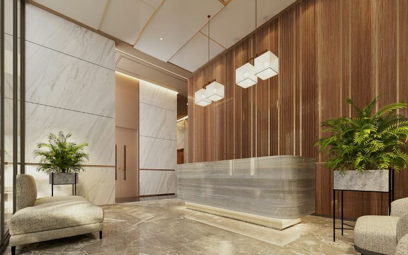 Modern office reception with marble desk and wood panelling